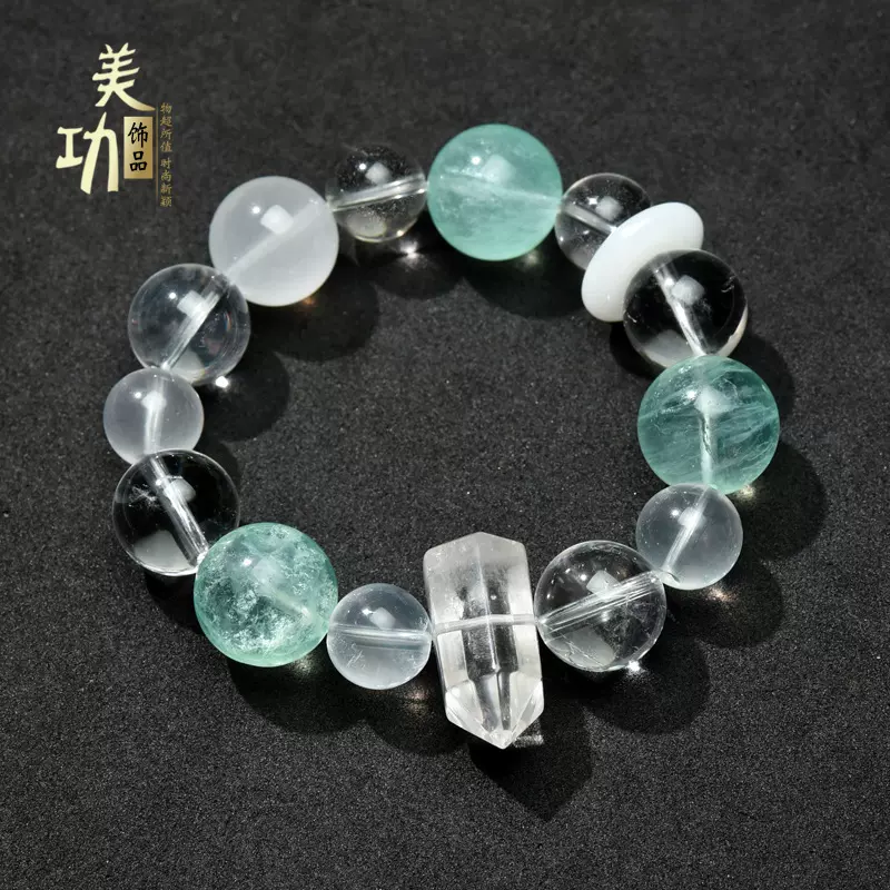 多宝天然水晶手串白水晶紫水晶粉晶萤石双尖原创设计款小红书同款