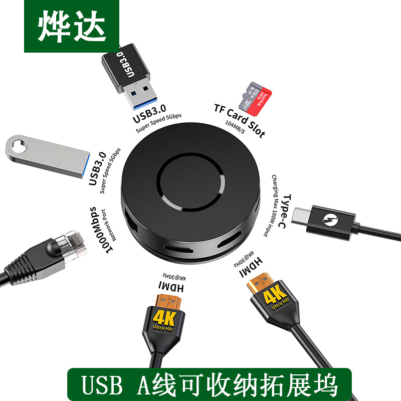 爆款私模双HDMI扩展坞USB C 集线器圆形Hub7合1 Type C拓展坞