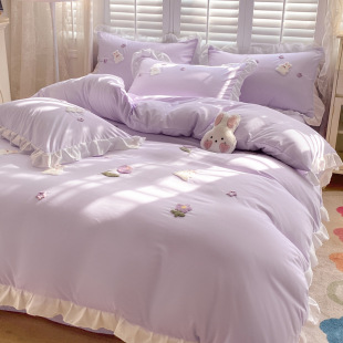 Princess Style Pure Cotton Washed Cotton Towel Embroidered Four-Piece Set for Girls Sleeping Naked Three-Piece Quilt Cover Bed Sheets Non-Slip