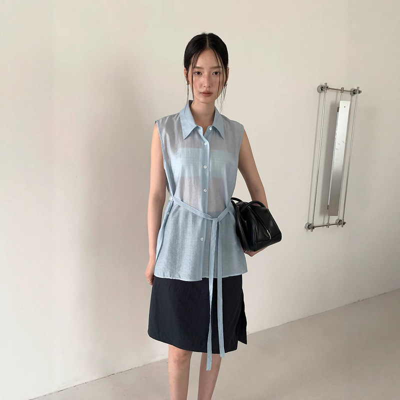 Love and Nancy Thirteen Lines Minimalist Summer Korean Style Mature and Versatile Lightweight Lyocell Ice-Feel Sleeveless Shirt 02600