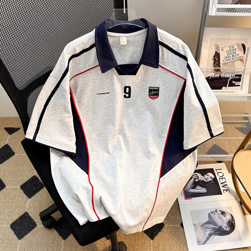 Contrast Color Splicing Polo Shirt Men's Summer American High Street Stripesd Handsome Motorcycle Racing Suit Loose Casual Three-Quarter Sleeves