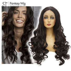 广州番禺化纤前蕾丝假发长卷发女大波浪黑色中分前蕾丝超长假发