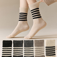 条纹羊毛袜子女秋冬冬季加绒加厚韩国ins潮中筒袜灰色羊绒堆堆袜