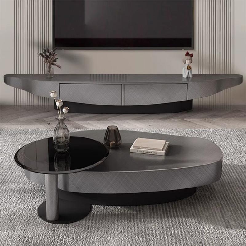 Italiano Oval de gama alta minimalista mesa de café de mango sala de estar hogar pequeño apartamento moderno minimalista de acero inoxidable con cajón