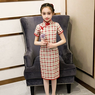 女童棉麻格子旗袍夏季2026新款中国风裙子小女孩中大童复古连衣裙