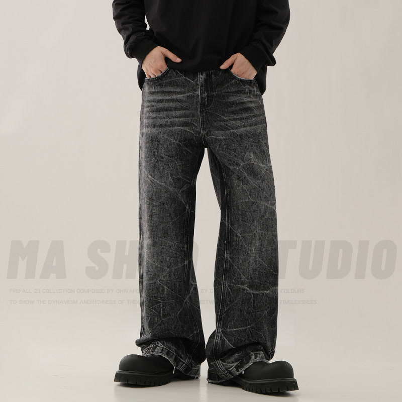 „Retro High Street Lightning Wash Schwarz-Graue Jeans für Herren – Slim Fit Straight Leg Denim-Hose mit mehreren Taschen und Cleanfit-Ästhetik“_voghion.com