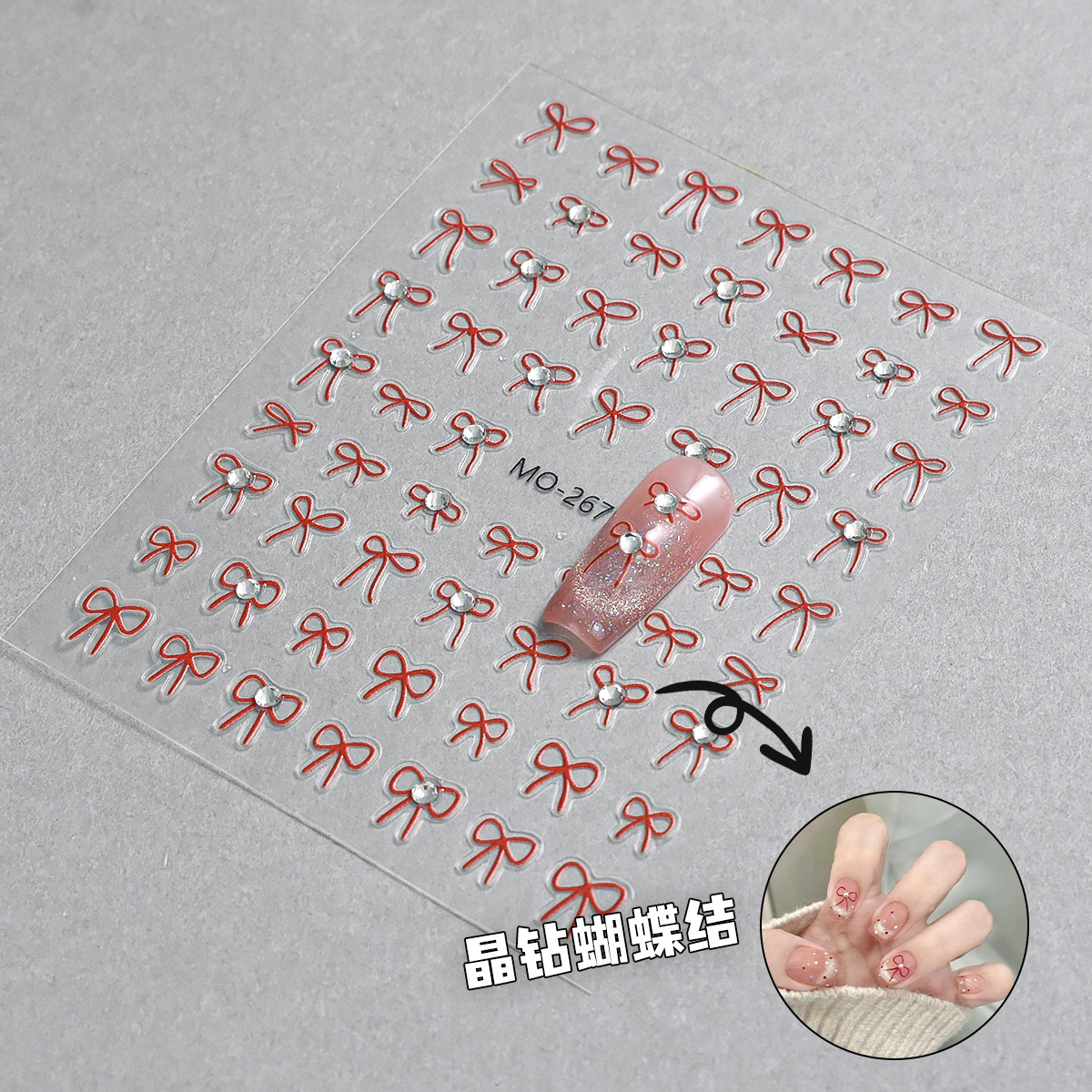 Etiqueta engomada de uñas con lazo de diamantes de cristal de estilo caliente de celebridades de Internet Etiqueta engomada de decoración de uñas en relieve simple japonesa en blanco y negro con diamantes