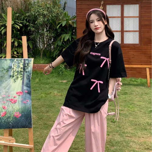 Women's Loose Fit, Slimming Button-Down Short-Sleeve T-Shirt with Ins Korean Cotton Material, Bowknot Letter Print, Fashion Wholesale