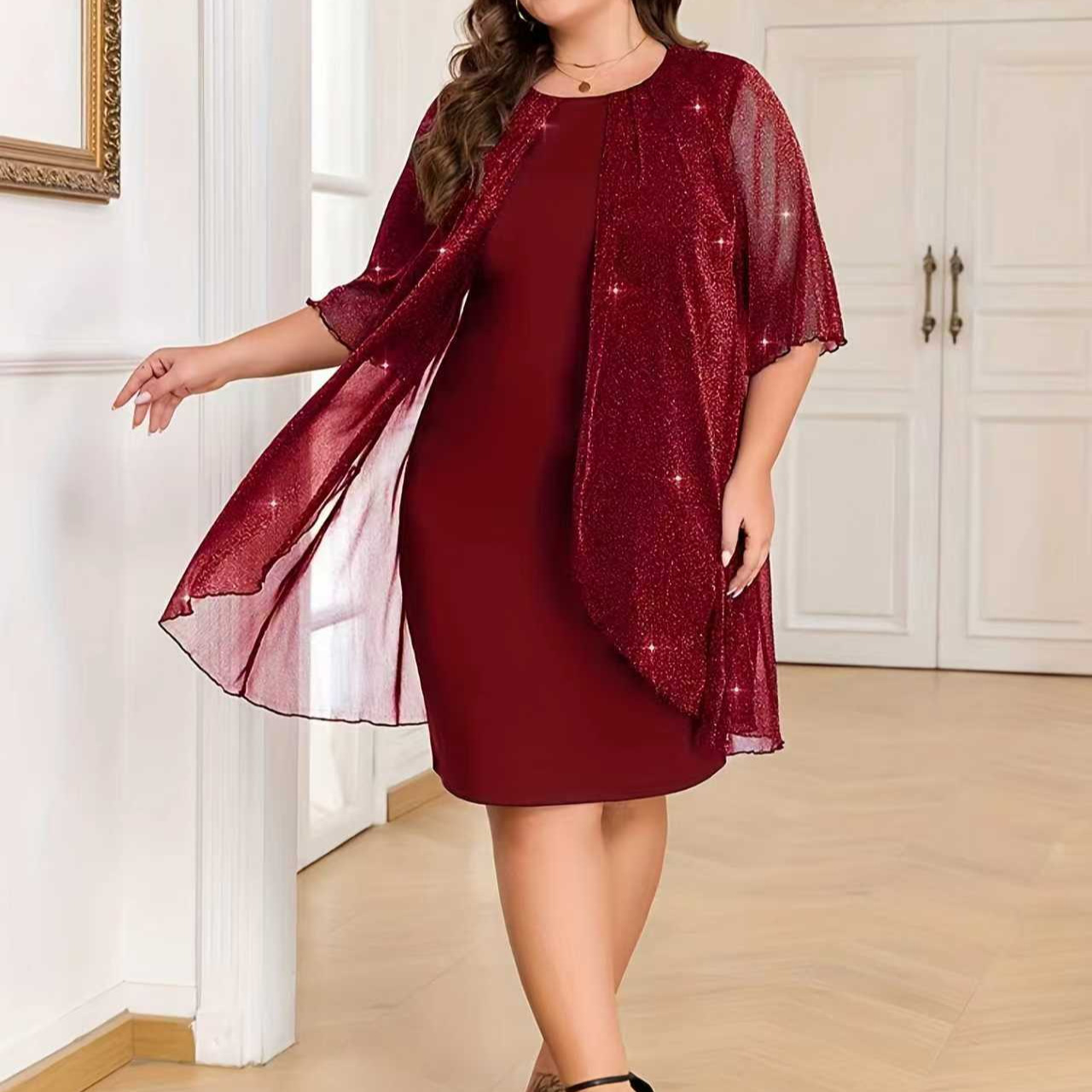 Cross-Border Export European and American Amazon Wish New Women's Clothing Pure Color Mesh Fashionable and Comfortable Casual Dress