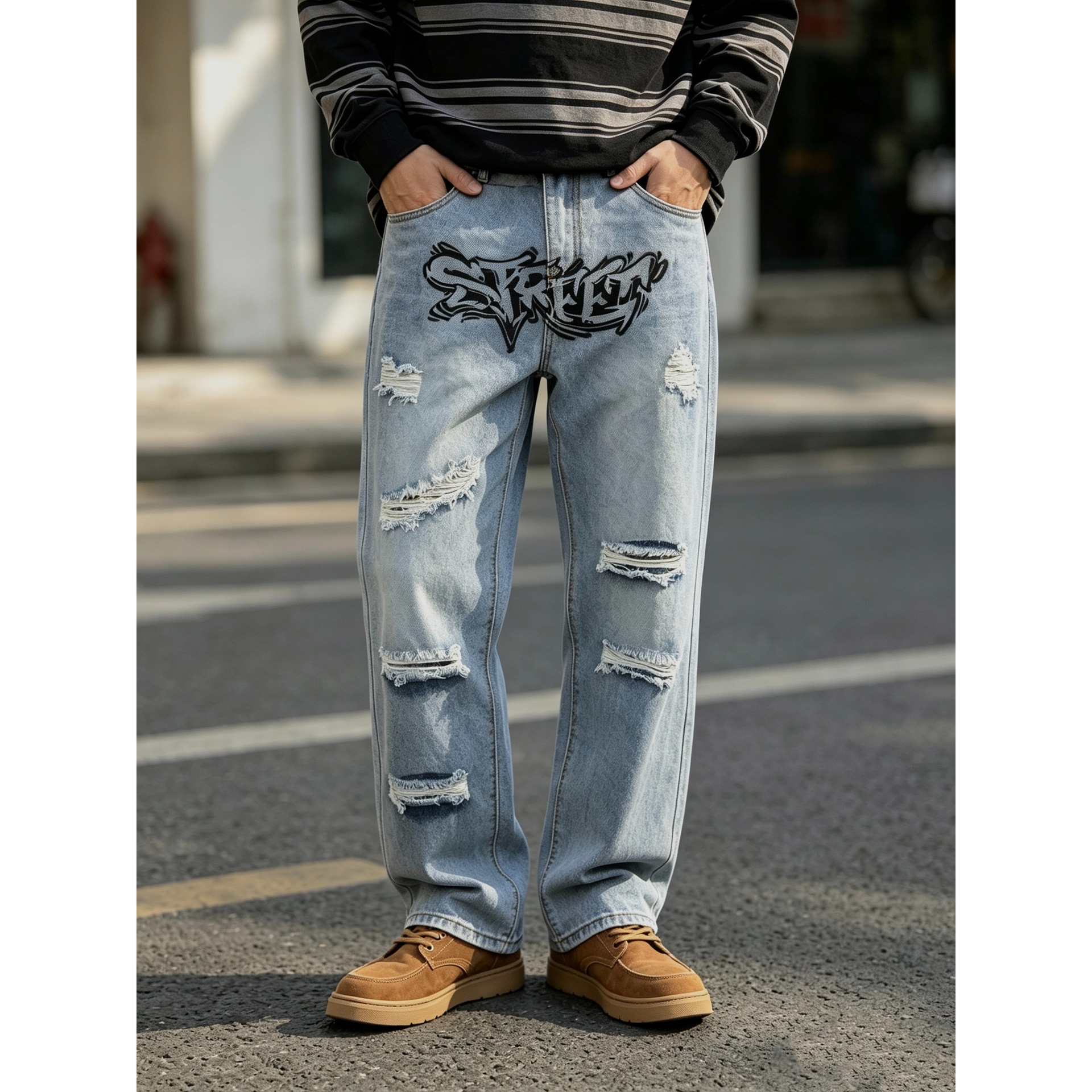 European Size [Men's Cross-Border Hot Selling Item] Men's Street Style Non-Stretch Ripped Letter Print Denim Pants