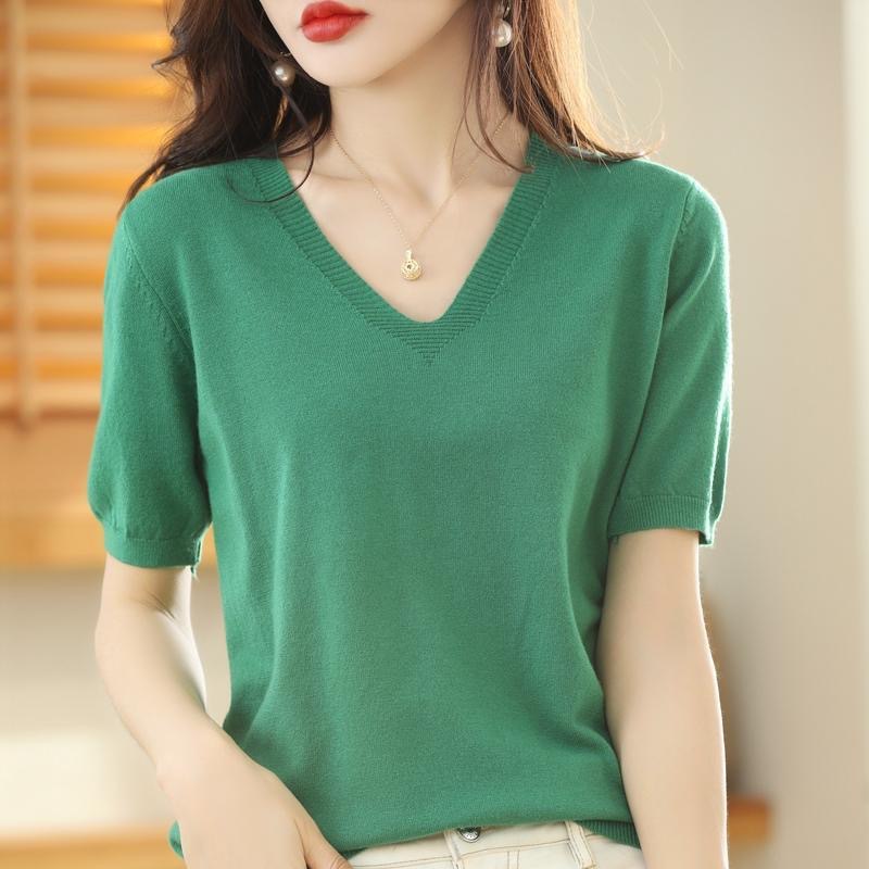 봄과 가을 V 넥 풀오버 스웨터 여자 짠 반팔 티셔츠 여자 새 도착 반소매 느슨한 반소매 올 매치 쇼트탑