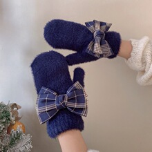 秋冬保暖手套百搭格子蝴蝶结包指加绒加厚开车骑车潮流学生女手套