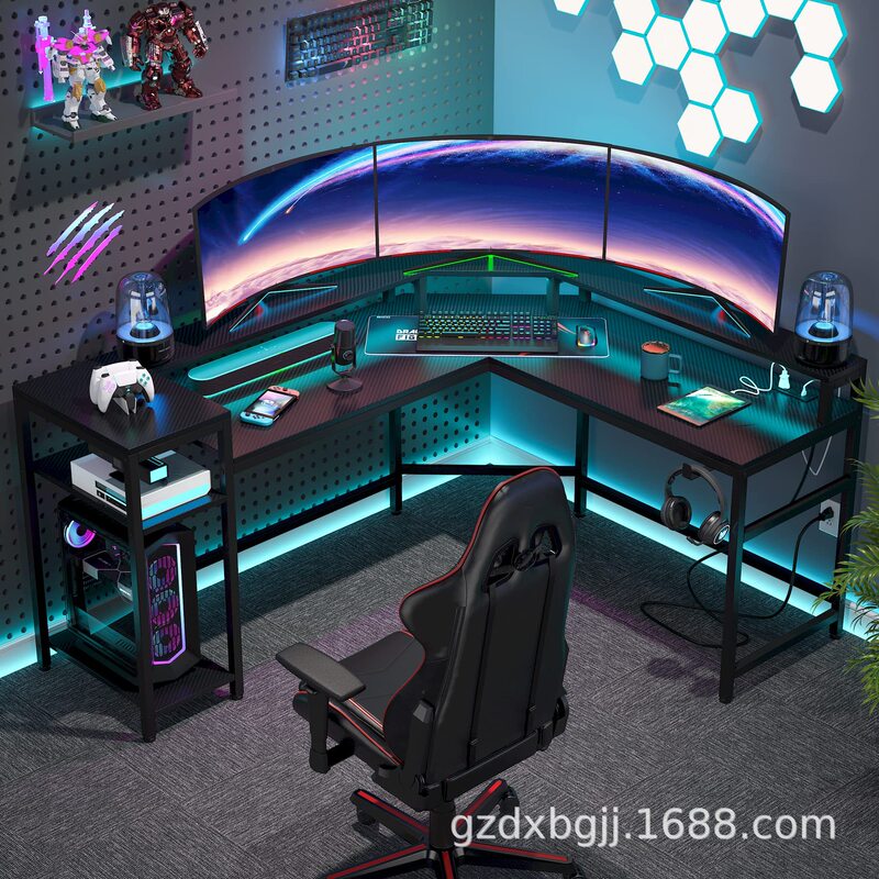 L Shaped Gaming Desk with Power Outlets and Lights Strip Computer Desk Writing Table with Storage Shelves Monitor Stand