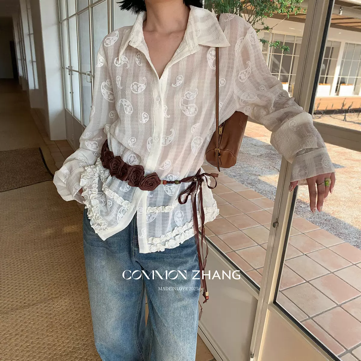 CZ ZHANG秋法式性感微透花边衬衫女条纹绣花百搭休闲上衣 B33451
