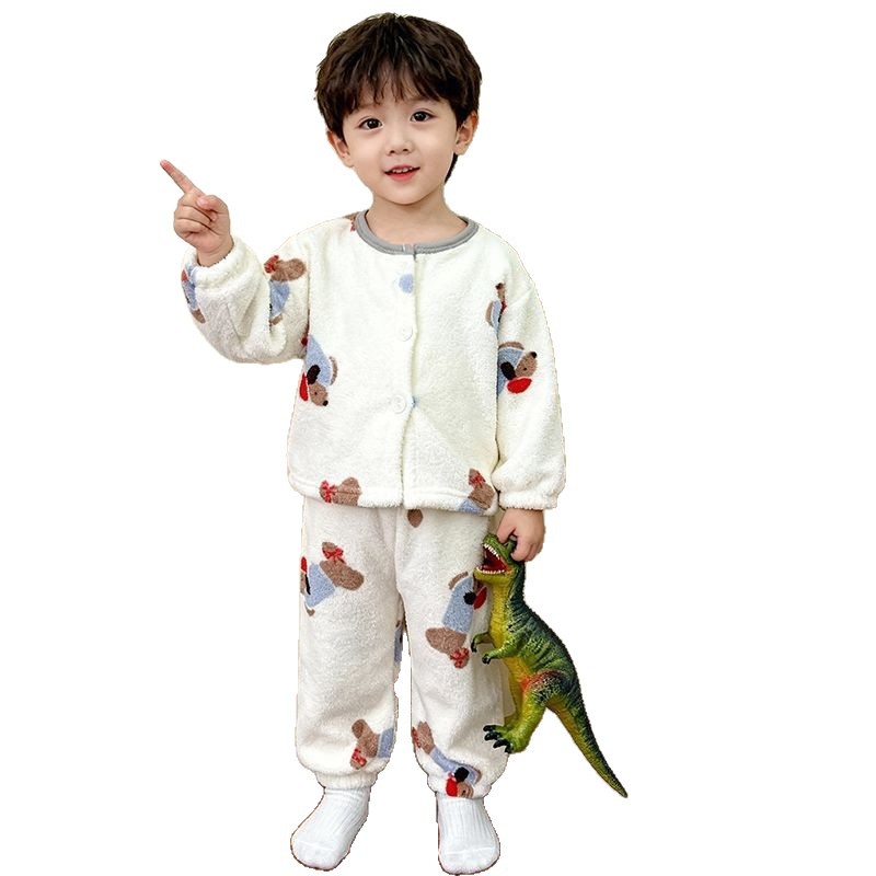 Niñas pijamas de invierno nuevos niños coral y camiseta de camiseta de franela para bebés con ropa cálida para el hogar engrosada