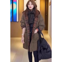 撞色中长款风衣棉外套女2025秋冬新款夹棉气质复古连帽棉服保暖