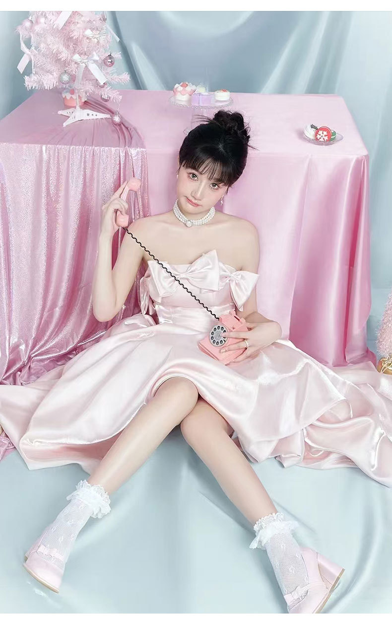 Đầm dạ hội maxi satin thắt eo kiểu Pháp — Màu hồng chi tiết 11
