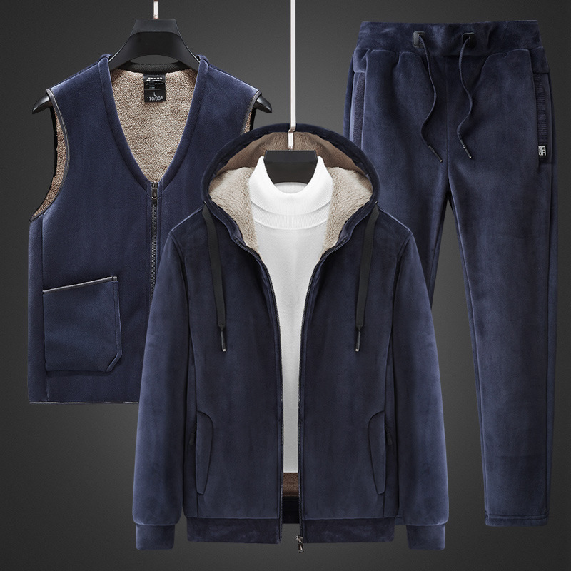 Three-piece Winter Silver Fox Velvet plus size fleece-lined Sweatshirt suit Men's Thickened Warm Lamb Velvet Jacket Men's Sportswear