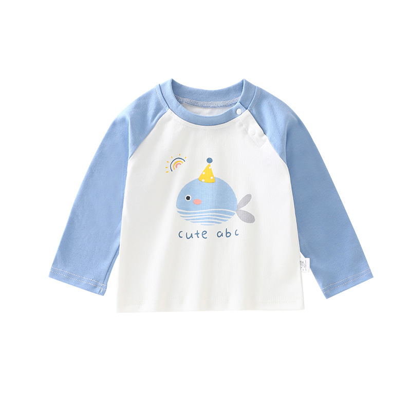 Baby Pure Cotton Long-Sleeved T-Shirt Spring & Fall Children's Tops Baby Shoulder Button Pullover Boys and Girls Bottoming Shirt Clothes