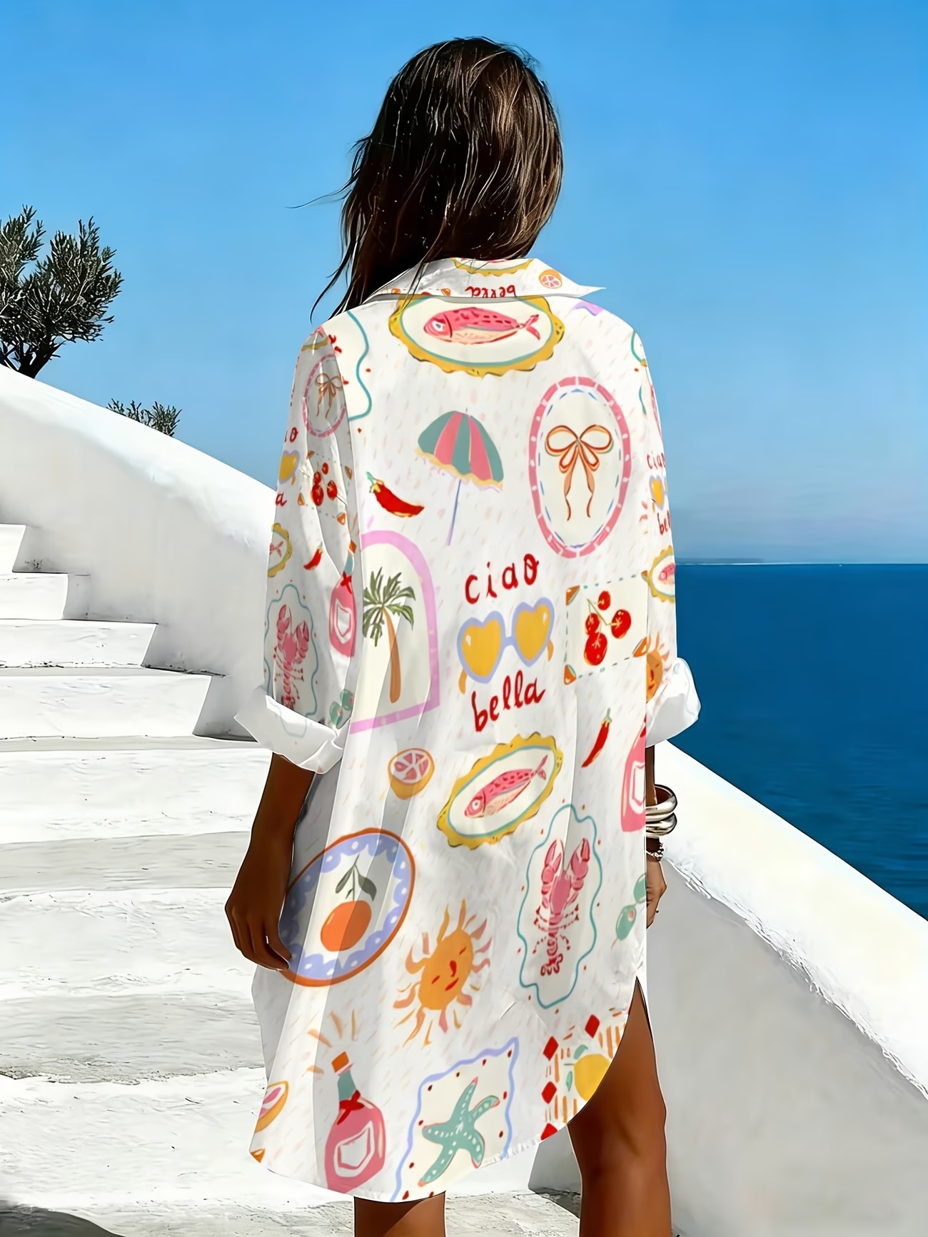 Women's Clothing Women's Resort Style Printed Shirt Loose Long Sleeve Lapel Button Down Casual Beachwear Dress_ecoleips.com