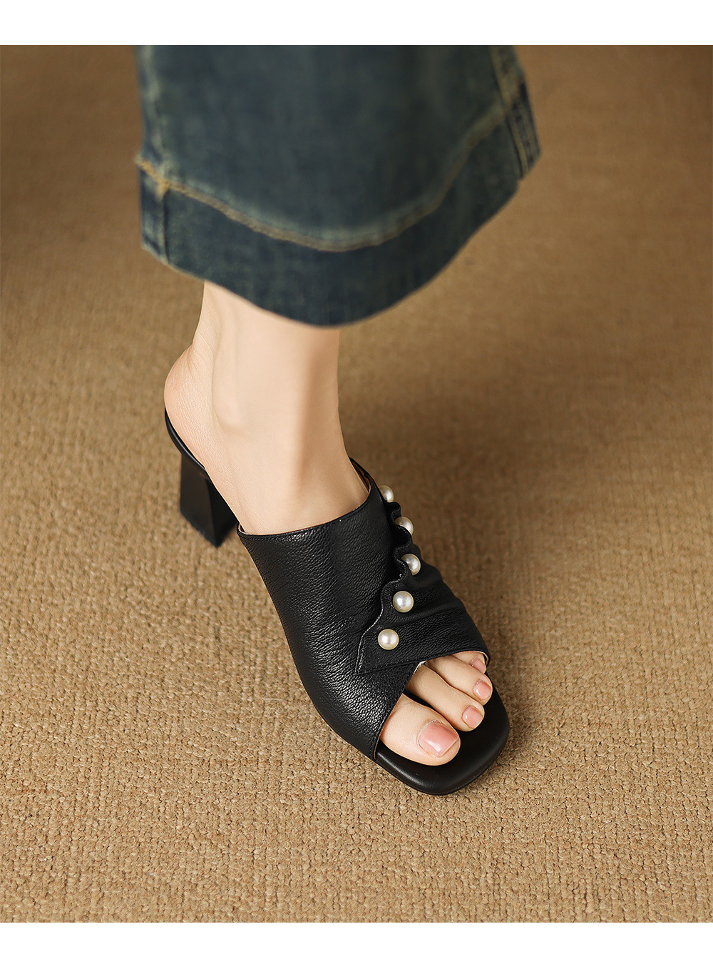Sandal cao gót nữ quai ngang hở mũi gót 7 cm — đen chi tiết 7
