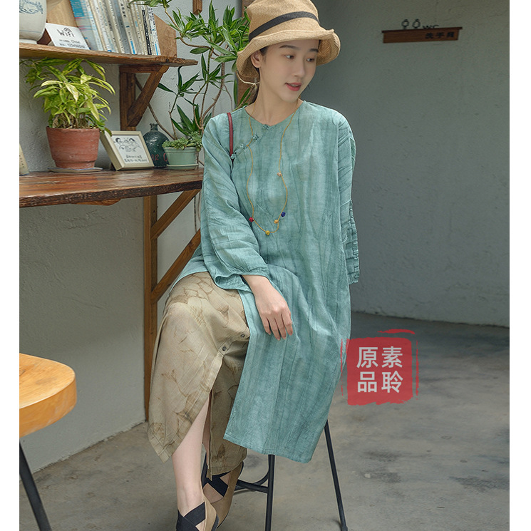 Retro Texture Tencel Linen Dirty Dye Modified Cheongsam Dress Light Chinese Style Slant Placket Mid-length Top S1604