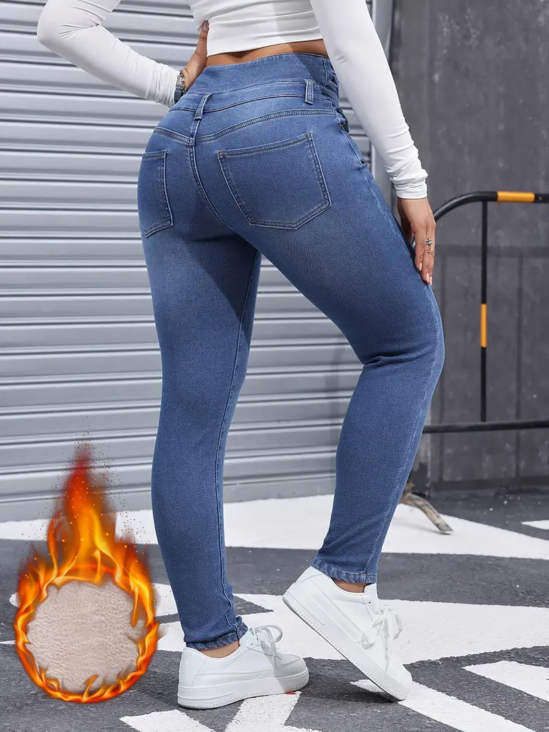 Fashion Versatile Women's Skinny Jeans Fleece Lined Elastic Waist Multi Button Solid Color Autumn Winter New Style_ecoleips.com