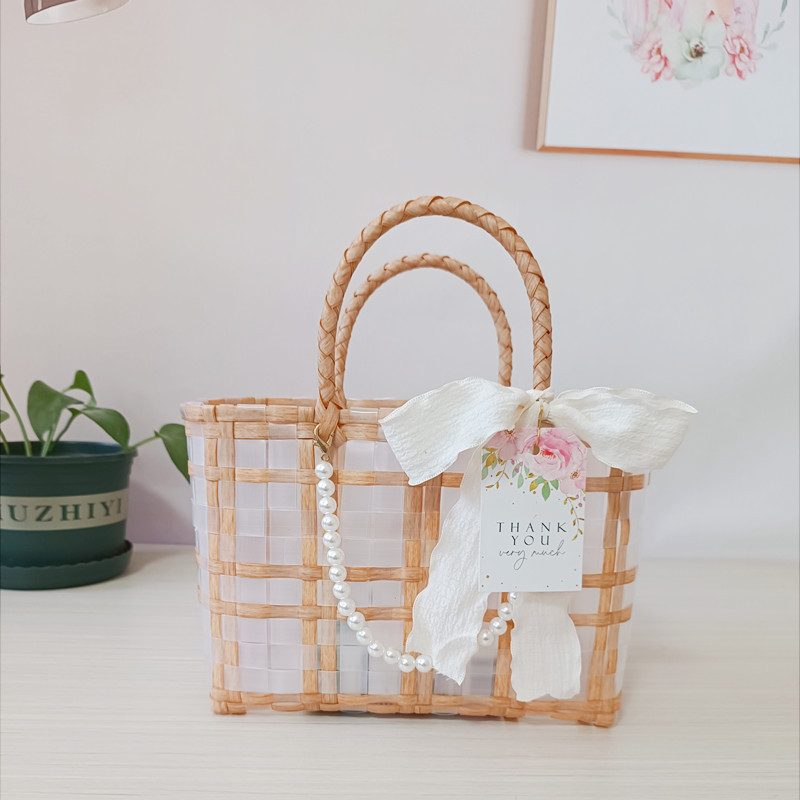 756g Weight Open Closure Type Double Handle Strap Type Handbag Bags Type Holiday, Travel Occasion PVC Material Plaid Pattern All Seasons Season Women's Gender Cute, Vacation Style Square Shape Large Size Women's Cute Vacation Plaid PVC Shopping Bags 35