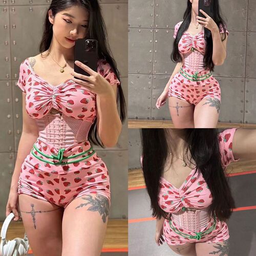 Brazilian MBR Strawberry Print Yoga Suit Women's Summer Tie Rope Sports Top Peach Butt Sports Fitness Wear