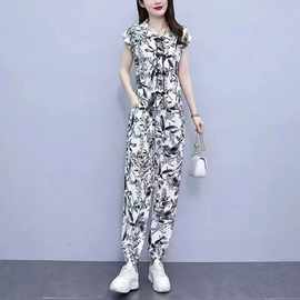 水墨画套装女2024夏装新款时尚中年妈妈装洋气宽松遮肚显瘦两件套