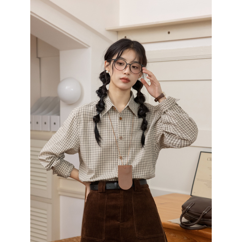2025 Autumn and Winter New Japanese Style Literary Casual Versatile Layered Brown Plaid Long-Sleeved Shirt + Sweater Vest for Women
