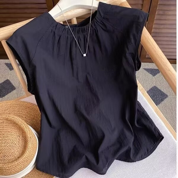 Pleated Design Niche Sleeveless Shirt Tops for Women 2025 Summer Black Petite Versatile Loose Shirt T-Shirt