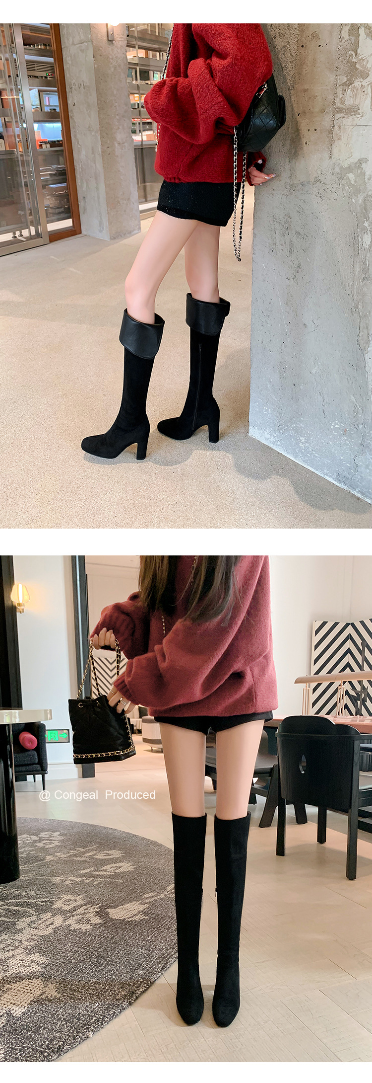 Boot nữ cổ cao quá gối mũi vuông gót thô 5 cm phong cách Hàn Quốc, có thể gập ống — Lớp lót nhung ống nhỏ màu đen 5cm chi tiết 7