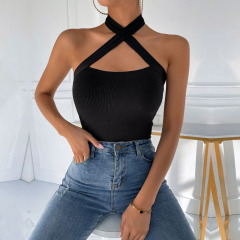 European and American new women's clothing Amazon Internet celebrity style solid color halter cross vest knitted sexy slim top for women