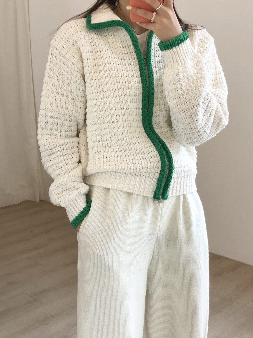 Contrast Thick Needle Zipper Cardigan Sweater Coat