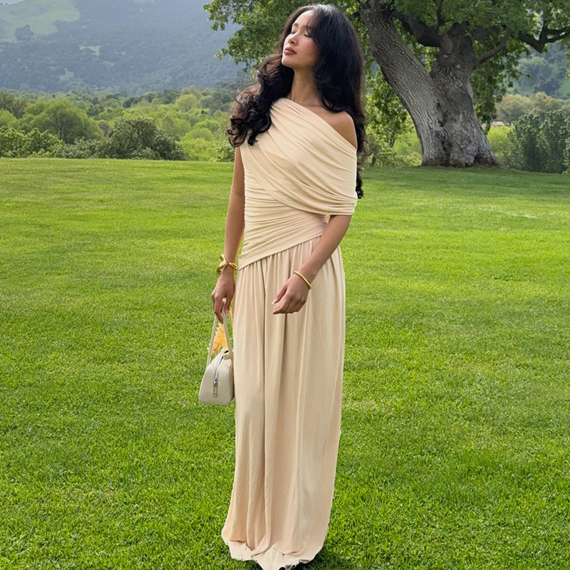 Summer New Women's Elegant Asymmetrical Neck Off-Shoulder Long Dress European And American Style Cross Border Solid Color Waist_ecoleips.com