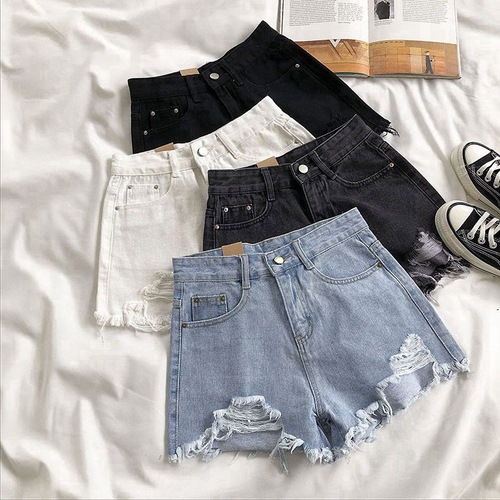 Ripped denim shorts for female students 2021 spring and summer new versatile slimming wide-leg raw edge a-line hot pants ins trend