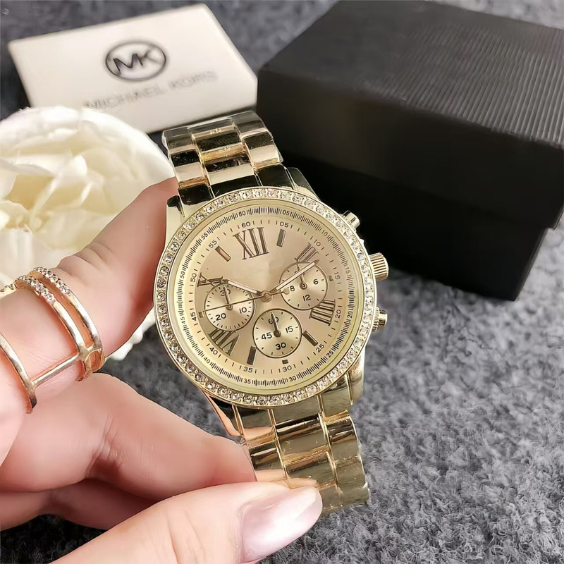 Women's Watch Steel Strap Mk Three-Eye Calendar Rose Gold Simple Elegant Versatile Casual Women's Watch Watch