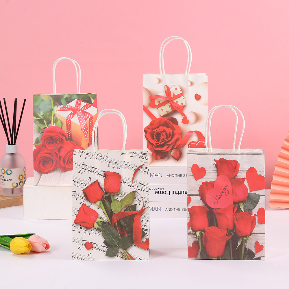 玫瑰花牛皮纸袋彩色印刷手提袋情人节礼物包装袋奶茶甜品打包袋