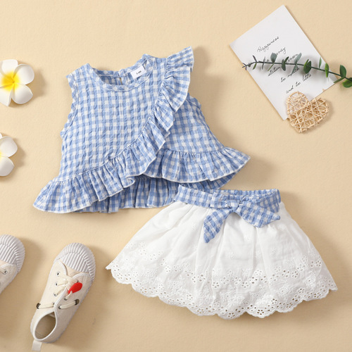 Baby Sleeveless Ruffle-Trim Plaid Top with Bow-Knot Embroidery + Skirt Set, Trendy European & American Style for Girls