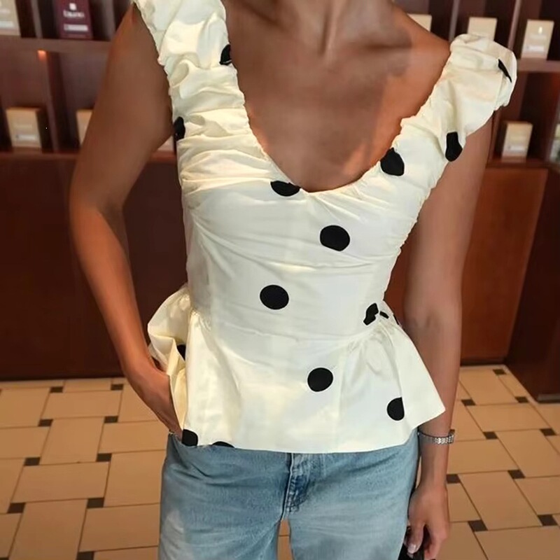 Polka Dot Backless Camisole Summer Fashion Slim Fit Deep V-Neck Vest Casual Ruffled Sleeveless Unique Street Style Polka Dot Backless Camisole Summer Fashion Slim Fit Deep V-Neck Vest Casual Ruffled Sleeveless Unique Street Style