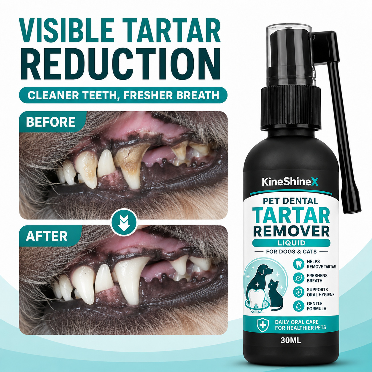 KineShineX Pet Dental Plaque Removal Care Solution: Precise Spray, Cleans Teeth, Freshens Breath, Easy to Use, Specialized