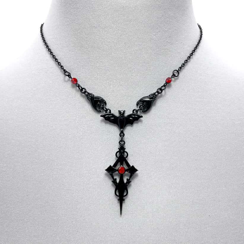 君桉 跨境外贸 黑色三蝙蝠项链尖哥特式红色十字架吸血鬼蝙蝠项链