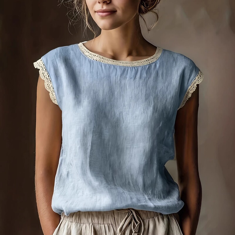 2026 Cross-Border European and American Women's Retro Style Linen Loose Round Neck Solid Color Lace Splicing Sleeveless Linen Shirt 2026 Cross-Border European and American Women's Retro Style Linen Loose Round Neck Solid Color Lace Splicing Sleeveless Linen Shirt