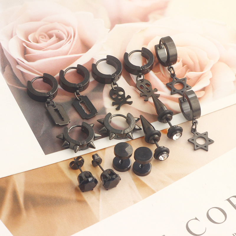 Zircon Inlay Material Punk Round Stainless Steel Inlay Zircon Earrings 1 Set