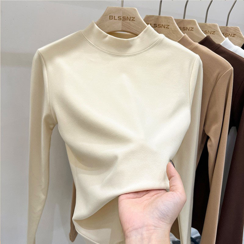 Autumn and Winter Double-Sided Velvet Warm Solid Color Base Shirt fleece-lined Thickened Half-High Neck Slim-Fit All-Match Long-Sleeved T-Shirt for Women Autumn and Winter Double-Sided Velvet Warm Solid Color Base Shirt fleece-lined Thickened Half-High Neck Slim-Fit All-Match Long-Sleeved T-Shirt for Women