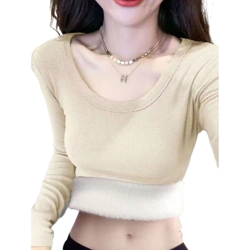 여성용 겨울 따뜻한 기본 레이어 속옷 플러스 벨벳과 두꺼운 대형 지방 MM 슬림 피트 내부 라운드 넥 긴팔 티셔츠 탑