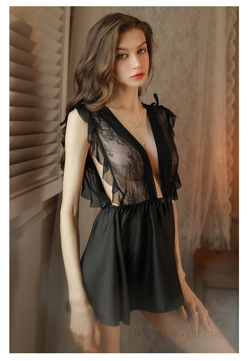 Plus Size See-Through Lace Babydoll Nightgown with Suspenders, Black Short-Skirt Style — detail image 6