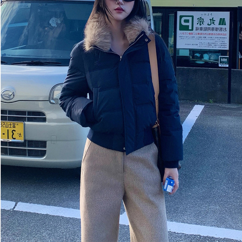2025年冬季加厚保暖藏青色可拆卸毛领羽绒服女短款小个子外套上衣|undefined
