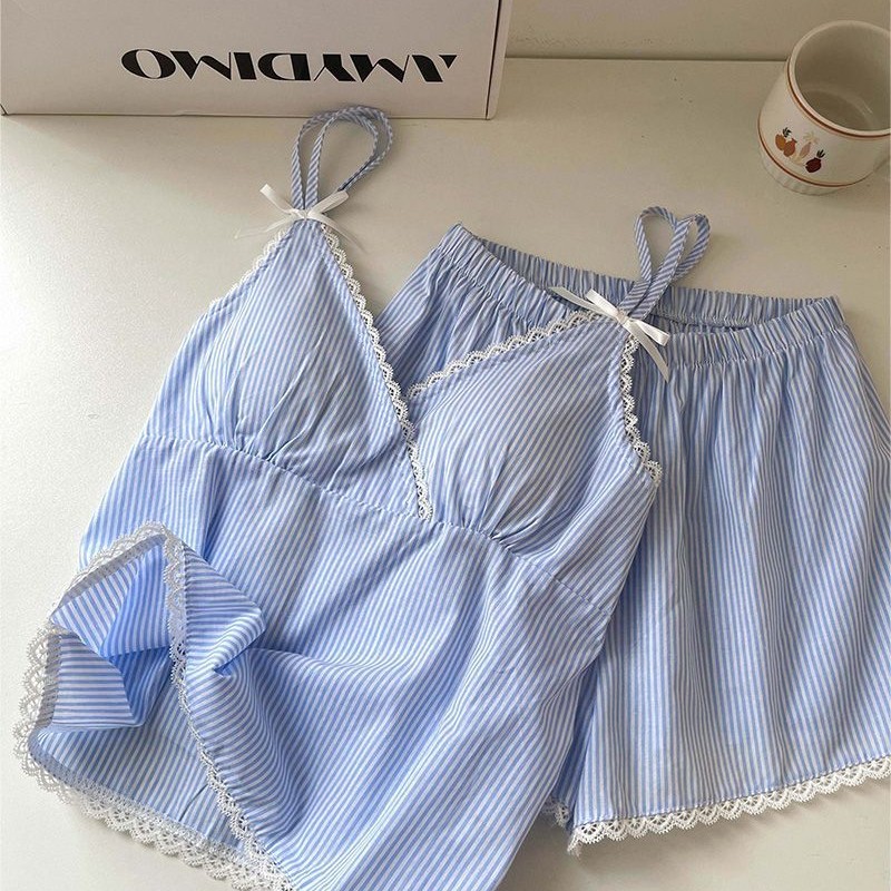 Pantalones cortos con cojín de pecho pijama de verano nuevo algodón nube de alta sensación de chicas polvo a rayas set de ropa para el hogar